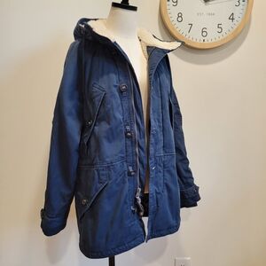 Abercrombie & Fitch Navy Blue Hooded Field Jacket Parka Fur Sherpa Lined Vintage